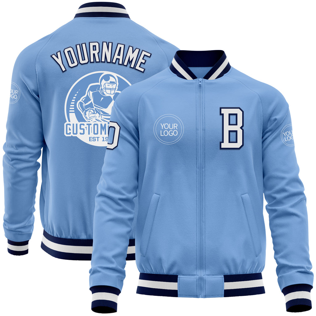 Custom Light Blue White-Navy Bomber Varsity Letterman Zipper Jacket