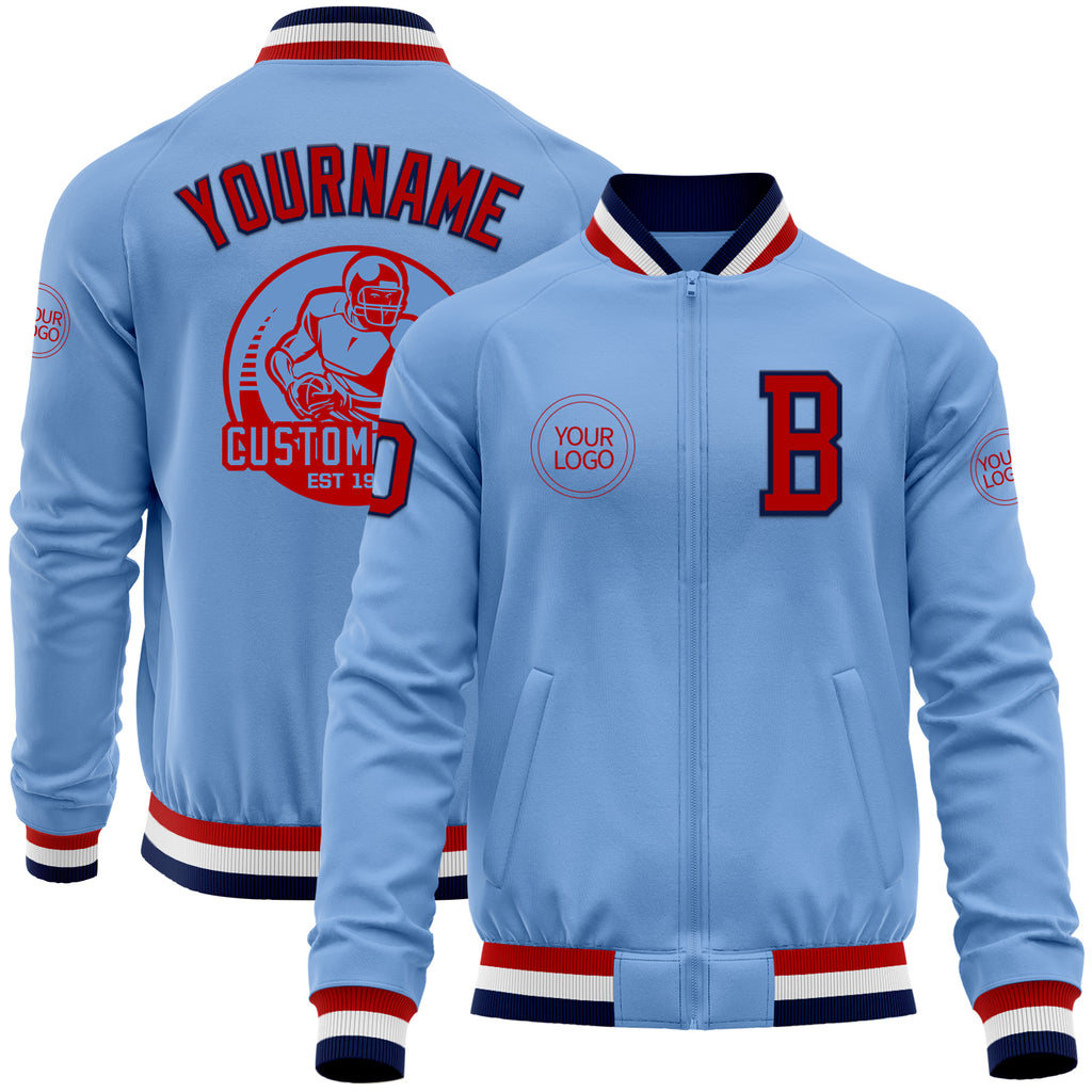 Custom Light Blue Red-Navy Bomber Varsity Letterman Zipper Jacket