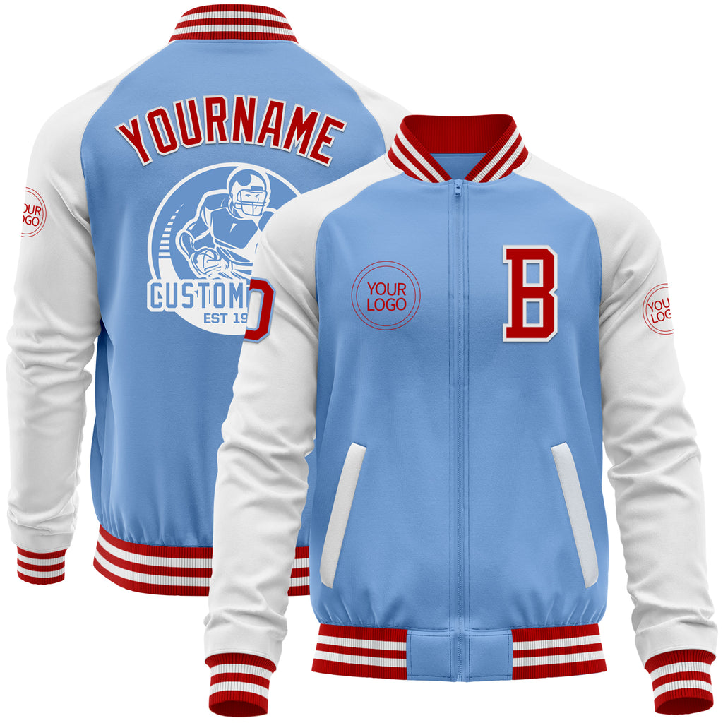 Custom Light Blue Red-White Bomber Varsity Letterman Two Tone Zipper Jacket