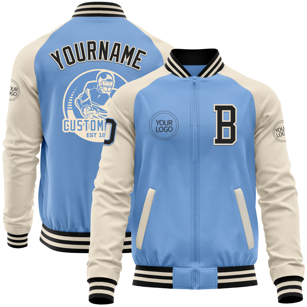 Custom Light Blue Black-Cream Bomber Varsity Letterman Two Tone Zipper Jacket