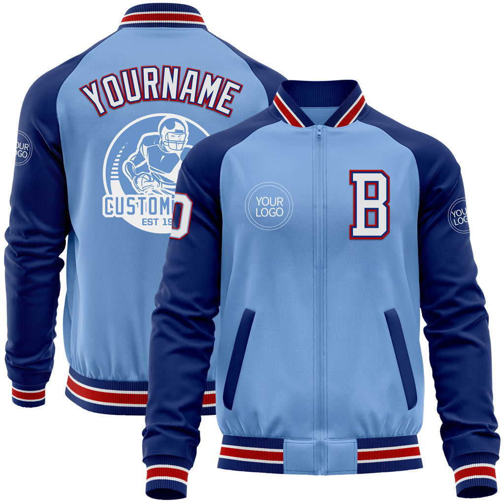 Custom Light Blue Red-Royal Bomber Varsity Letterman Two Tone Zipper Jacket