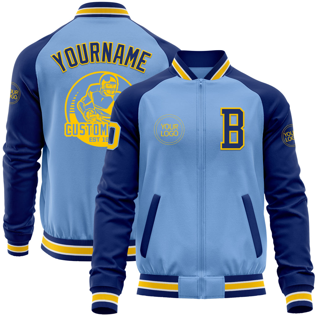 Custom Light Blue Yellow-Royal Bomber Varsity Letterman Two Tone Zipper Jacket