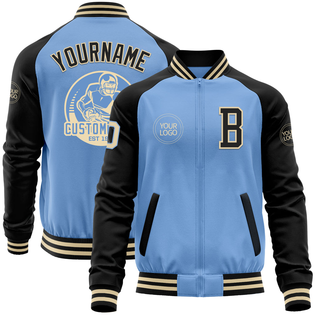 Custom Light Blue Cream-Black Bomber Varsity Letterman Two Tone Zipper Jacket