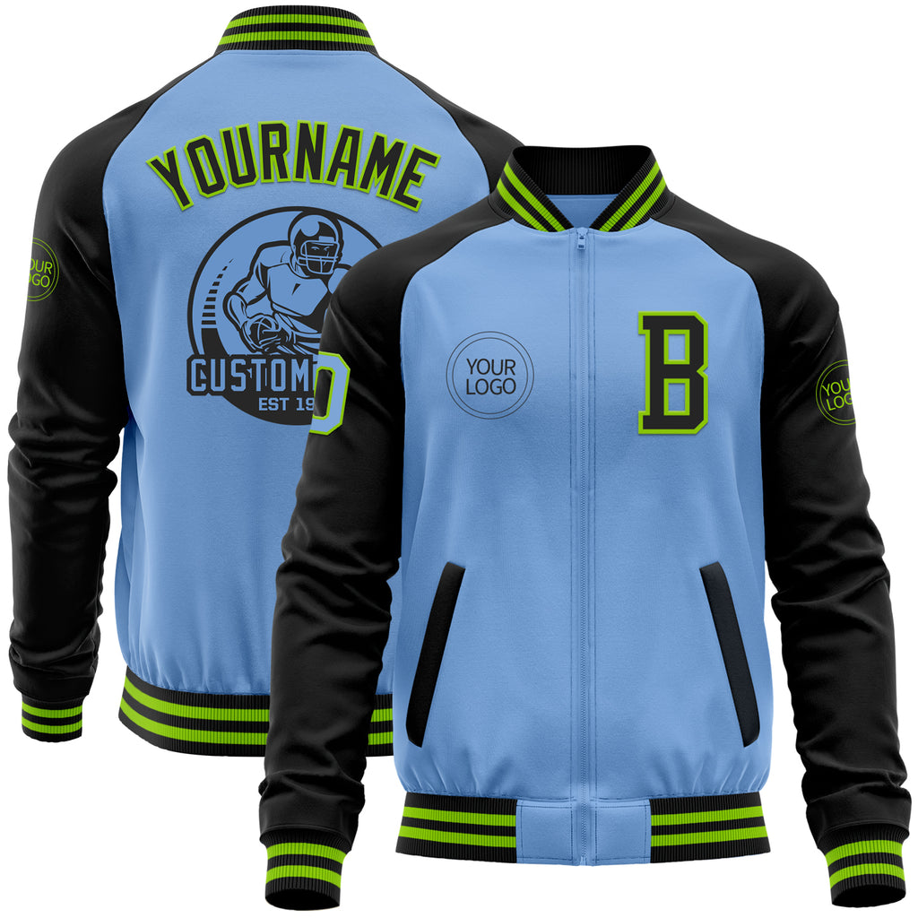 Custom Light Blue Neon Green-Black Bomber Varsity Letterman Two Tone Zipper Jacket