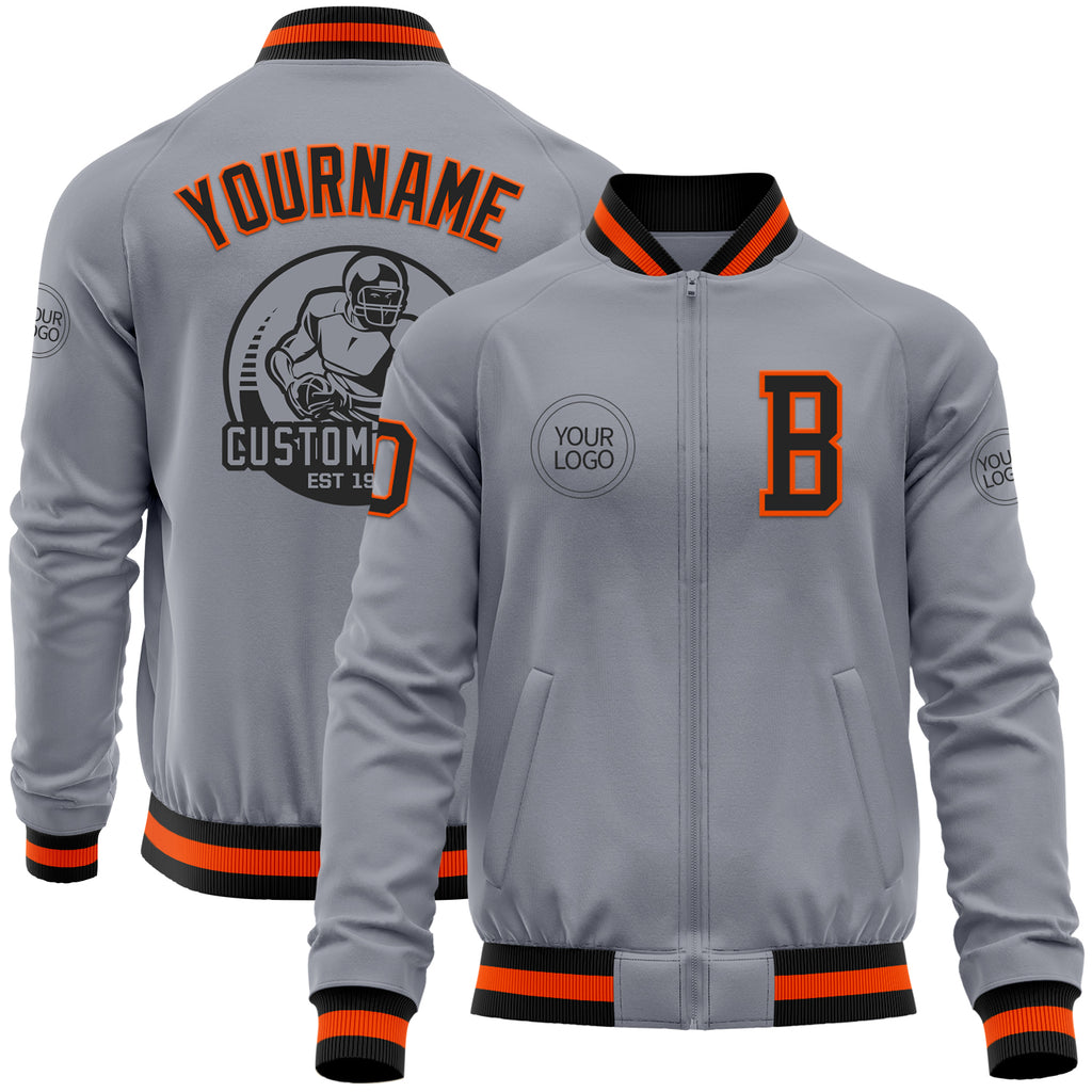 Custom Gray Black-Orange Bomber Varsity Letterman Zipper Jacket