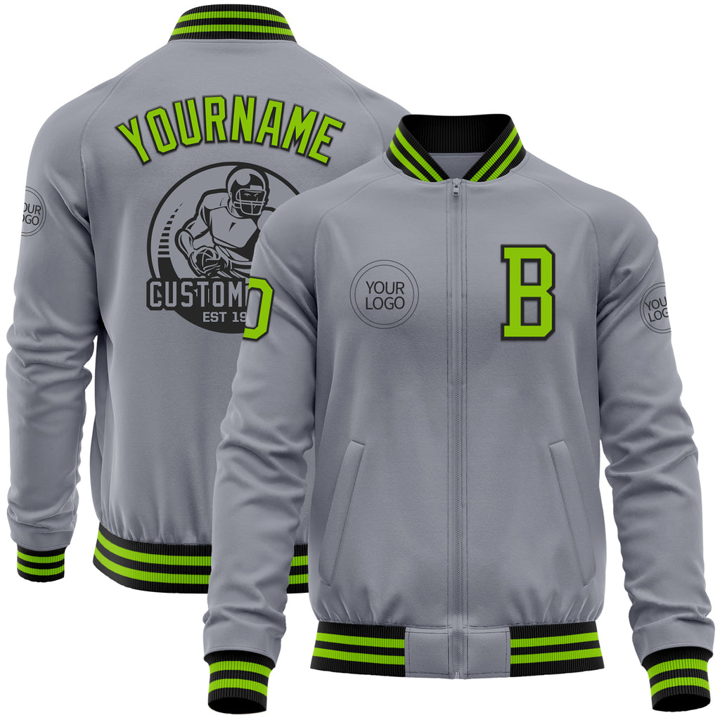 Custom Gray Neon Green-Black Bomber Varsity Letterman Zipper Jacket