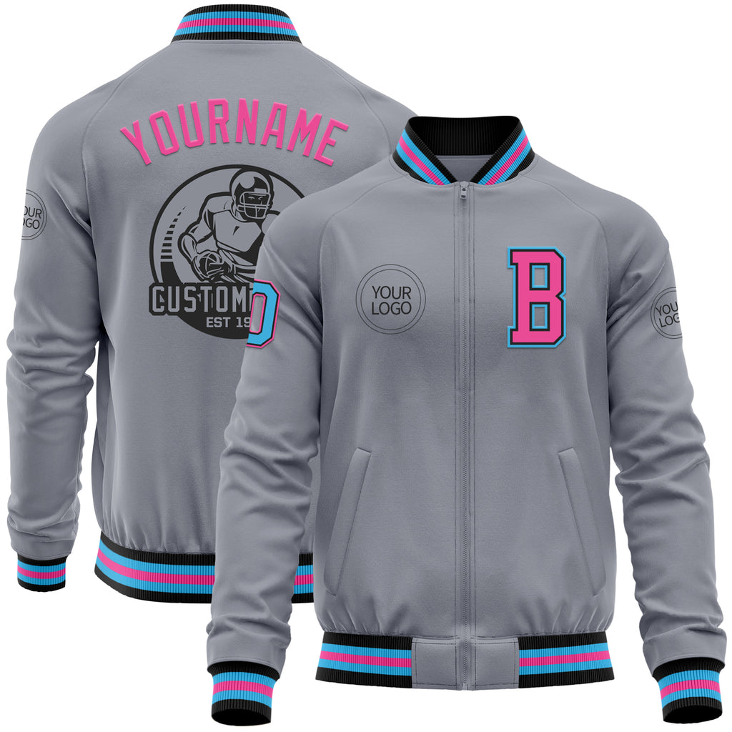 Custom Gray Sky Blue Black-Pink Bomber Varsity Letterman Zipper Jacket