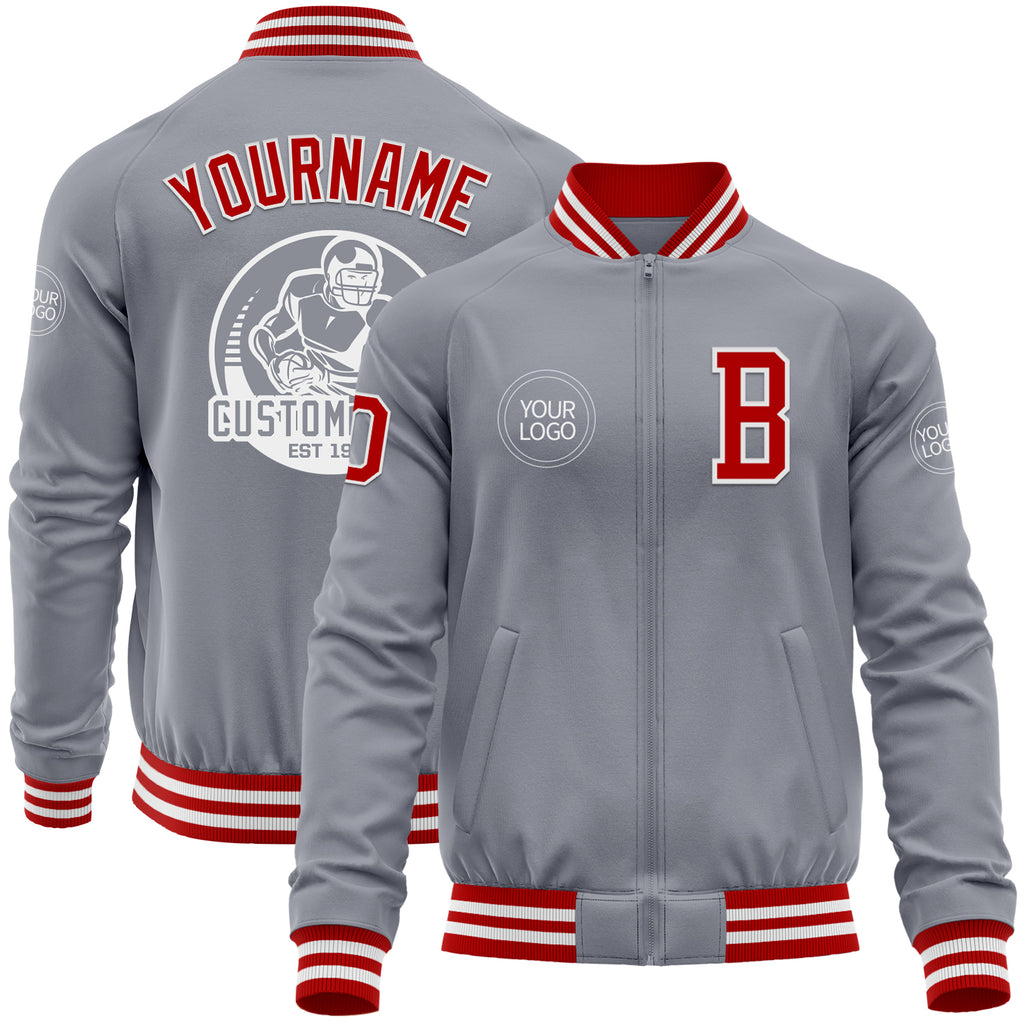 Custom Gray Red-White Bomber Varsity Letterman Zipper Jacket