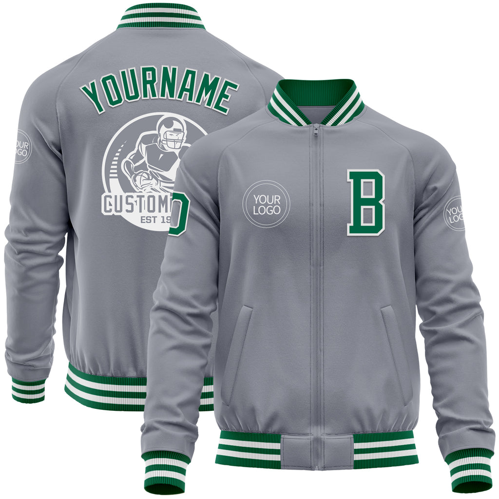 Custom Gray Kelly Green-White Bomber Varsity Letterman Zipper Jacket