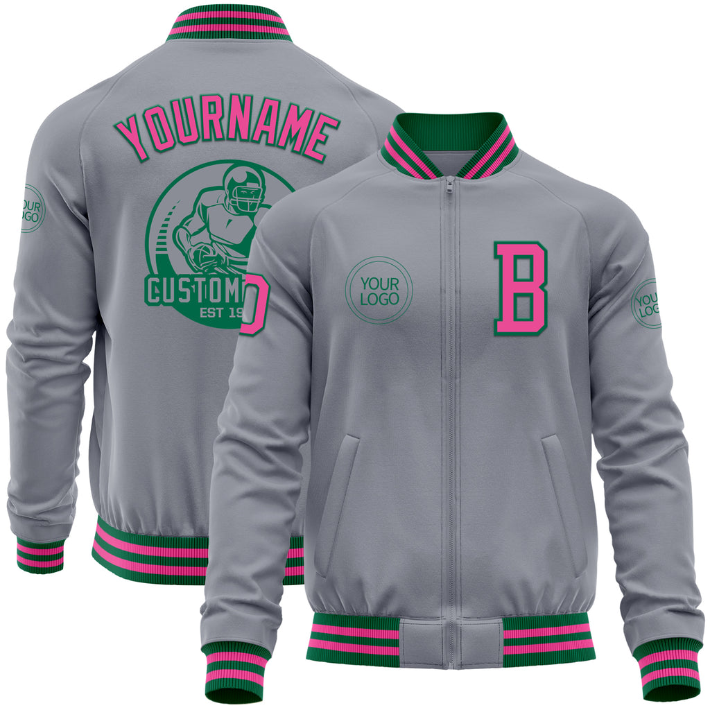 Custom Gray Pink-Kelly Green Bomber Varsity Letterman Zipper Jacket