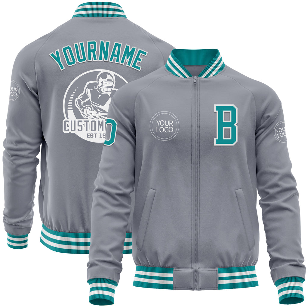 Custom Gray Teal-White Bomber Varsity Letterman Zipper Jacket