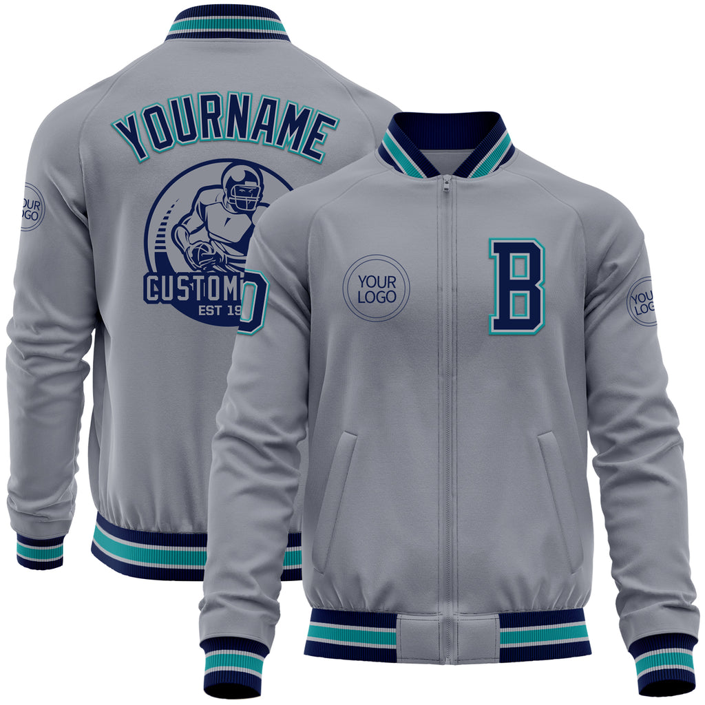 Custom Gray Navy-Teal Bomber Varsity Letterman Zipper Jacket