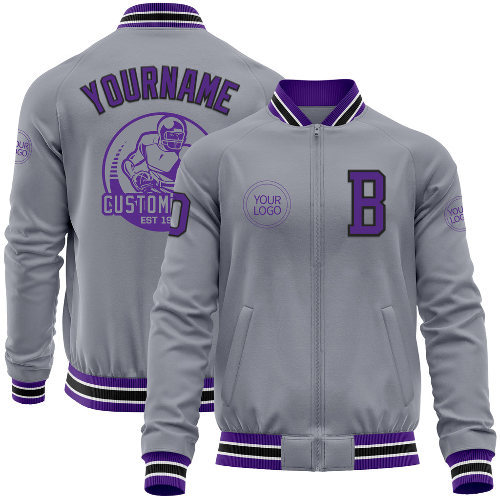 Custom Gray Purple-Black Bomber Varsity Letterman Zipper Jacket