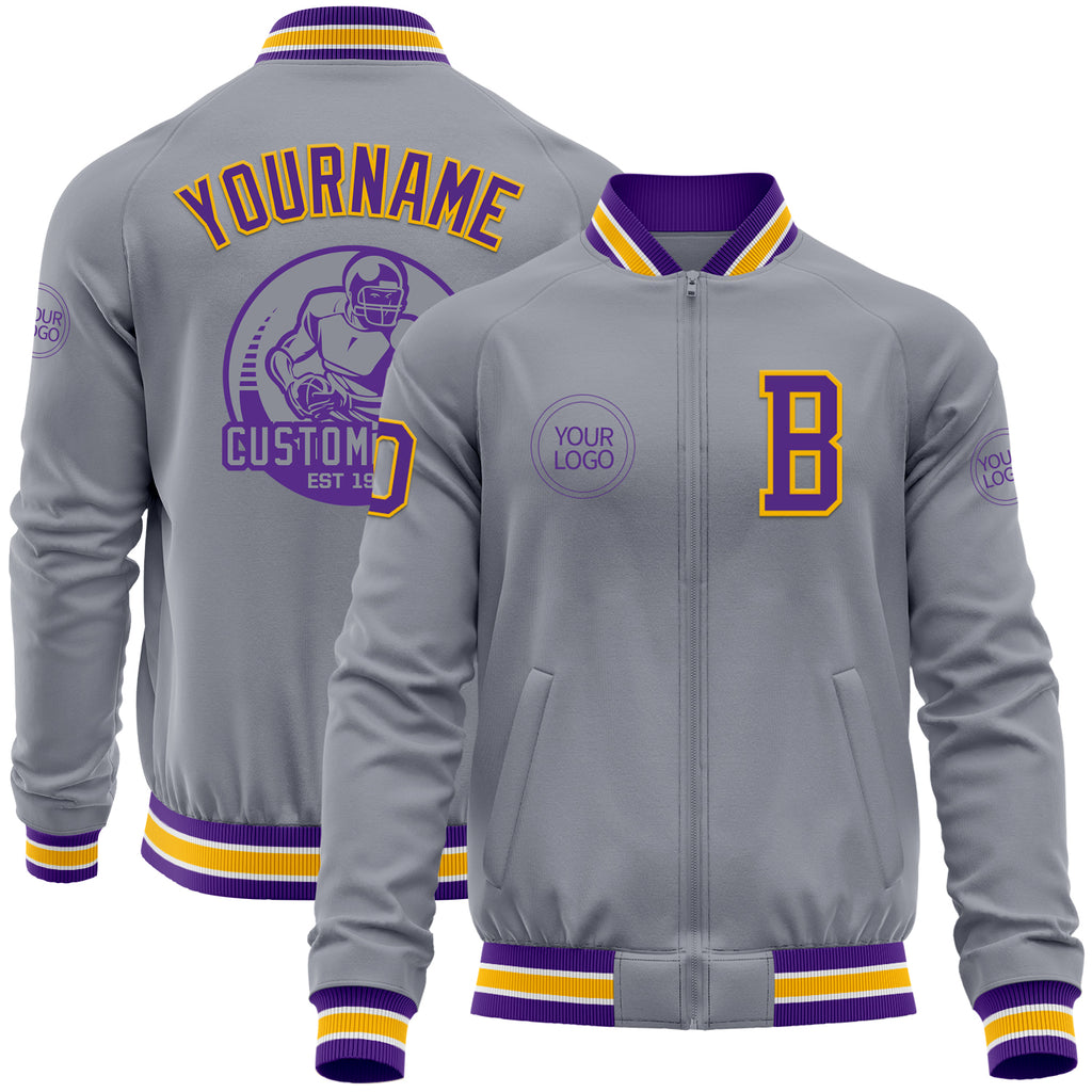 Custom Gray Purple-Gold Bomber Varsity Letterman Zipper Jacket