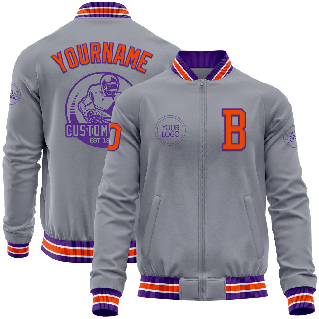 Custom Gray Orange-Purple Bomber Varsity Letterman Zipper Jacket