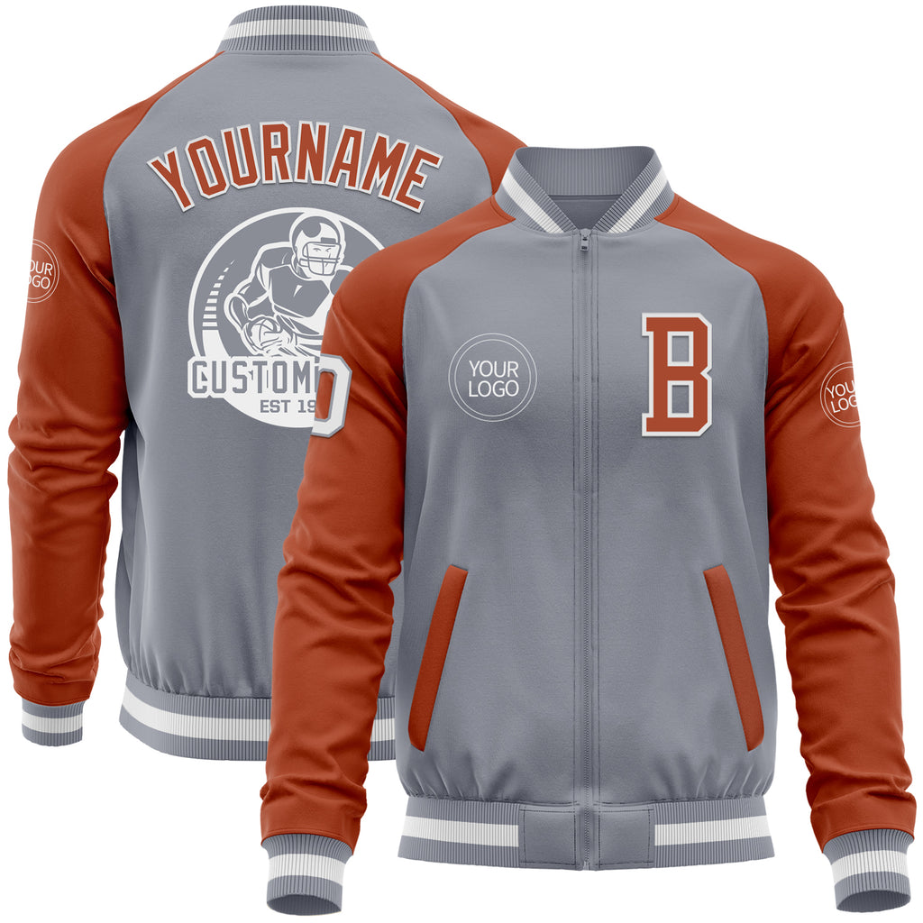 Custom Gray White-Texas Orange Bomber Varsity Letterman Two Tone Zipper Jacket