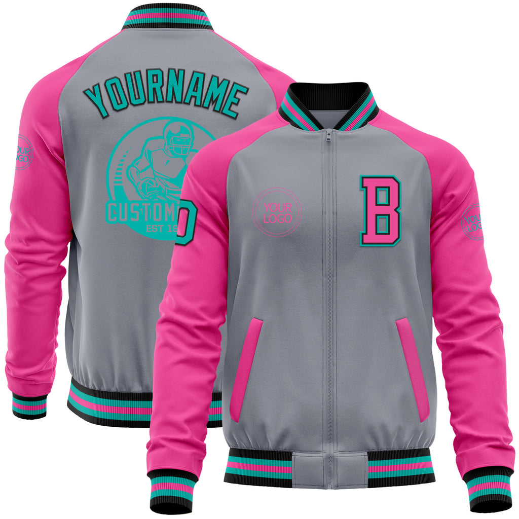 Custom Gray Aqua Black-Pink Bomber Varsity Letterman Two Tone Zipper Jacket