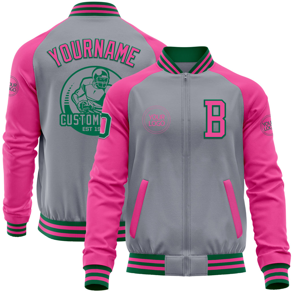 Custom Gray Kelly Green-Pink Bomber Varsity Letterman Two Tone Zipper Jacket