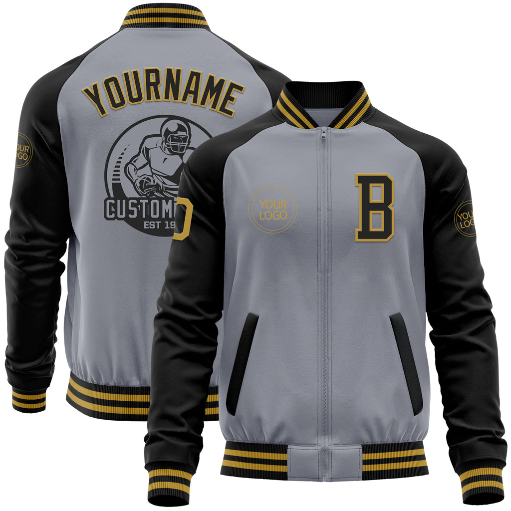 Custom Gray Old Gold-Black Bomber Varsity Letterman Two Tone Zipper Jacket