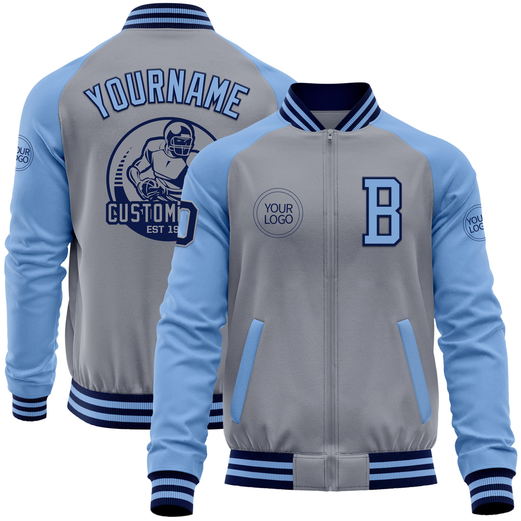 Custom Gray Navy-Light Blue Bomber Varsity Letterman Two Tone Zipper Jacket