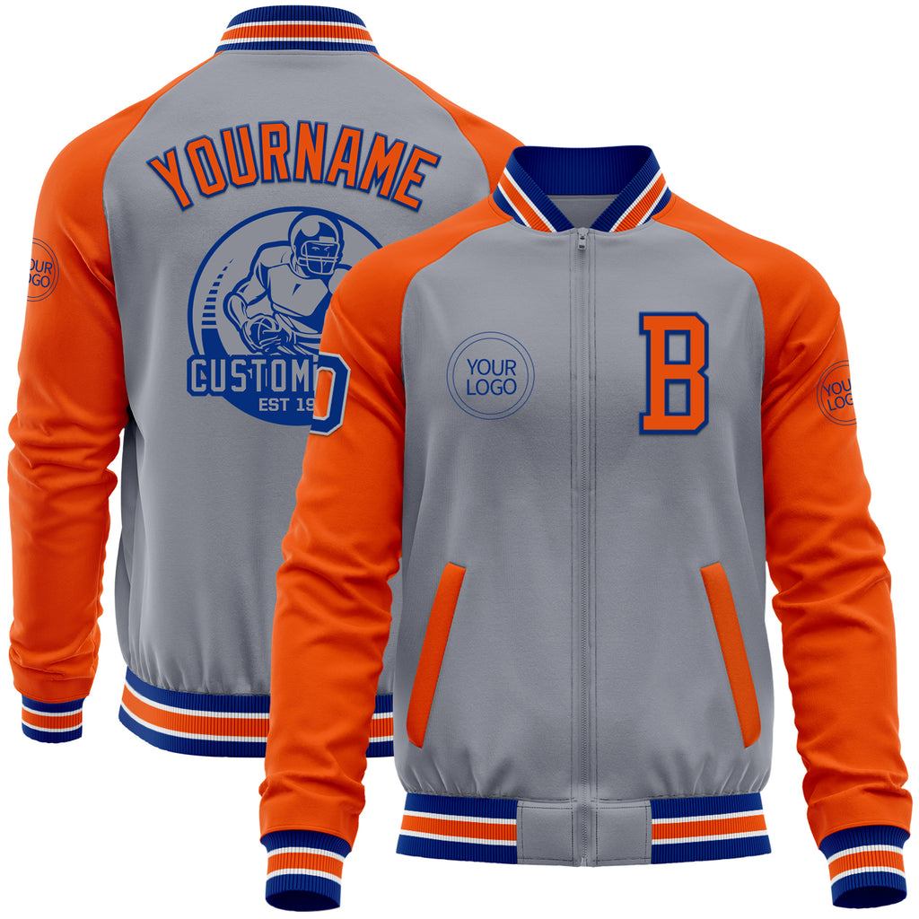 Custom Gray Royal-Orange Bomber Varsity Letterman Two Tone Zipper Jacket