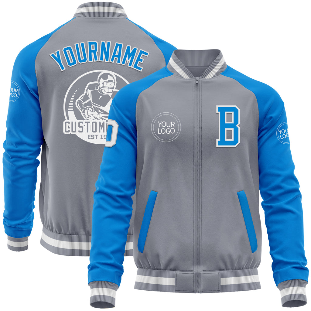 Custom Gray White-Powder Blue Varsity Letterman Two Tone Zipper Jacket