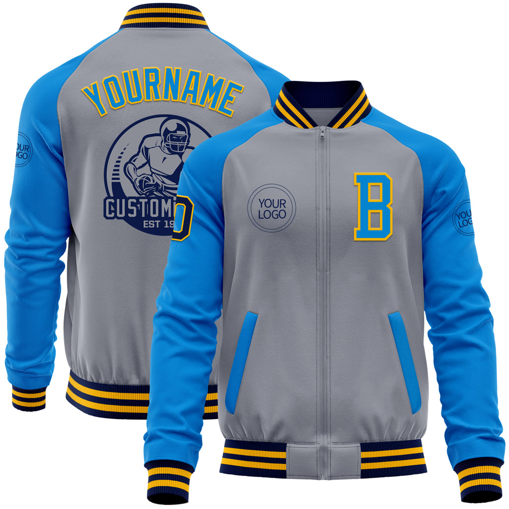 Custom Gray Navy Gold-Powder Blue Varsity Letterman Two Tone Zipper Jacket