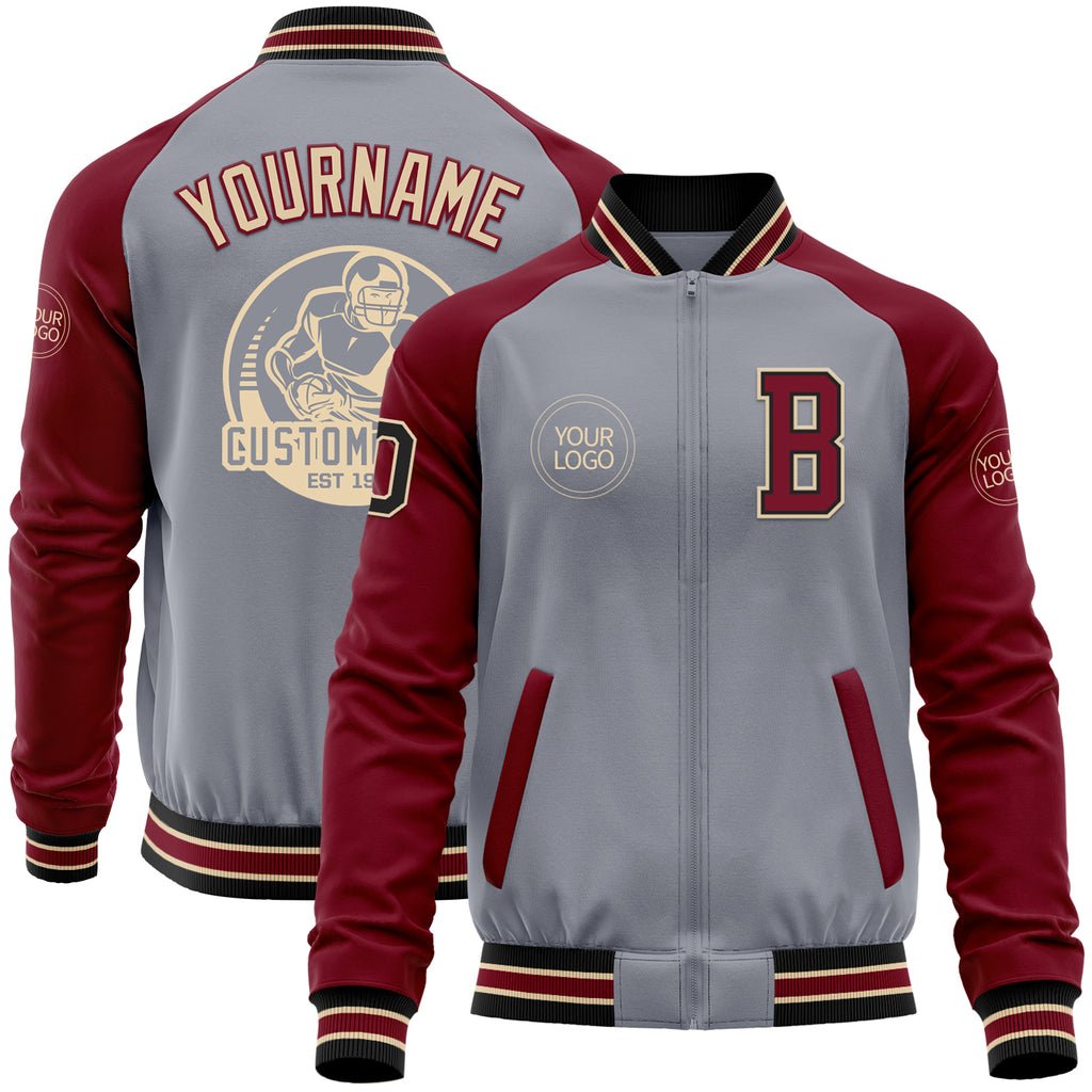 Custom Gray Black City Cream-Crimson Varsity Letterman Two Tone Zipper Jacket