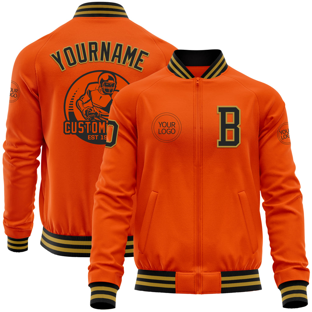 Custom Orange Black-Old Gold Bomber Varsity Letterman Zipper Jacket