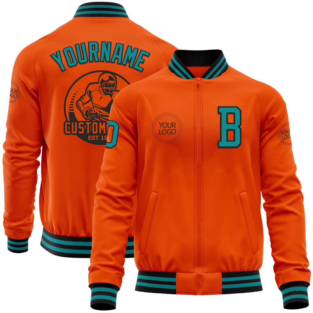 Custom Orange Teal-Black Bomber Varsity Letterman Zipper Jacket