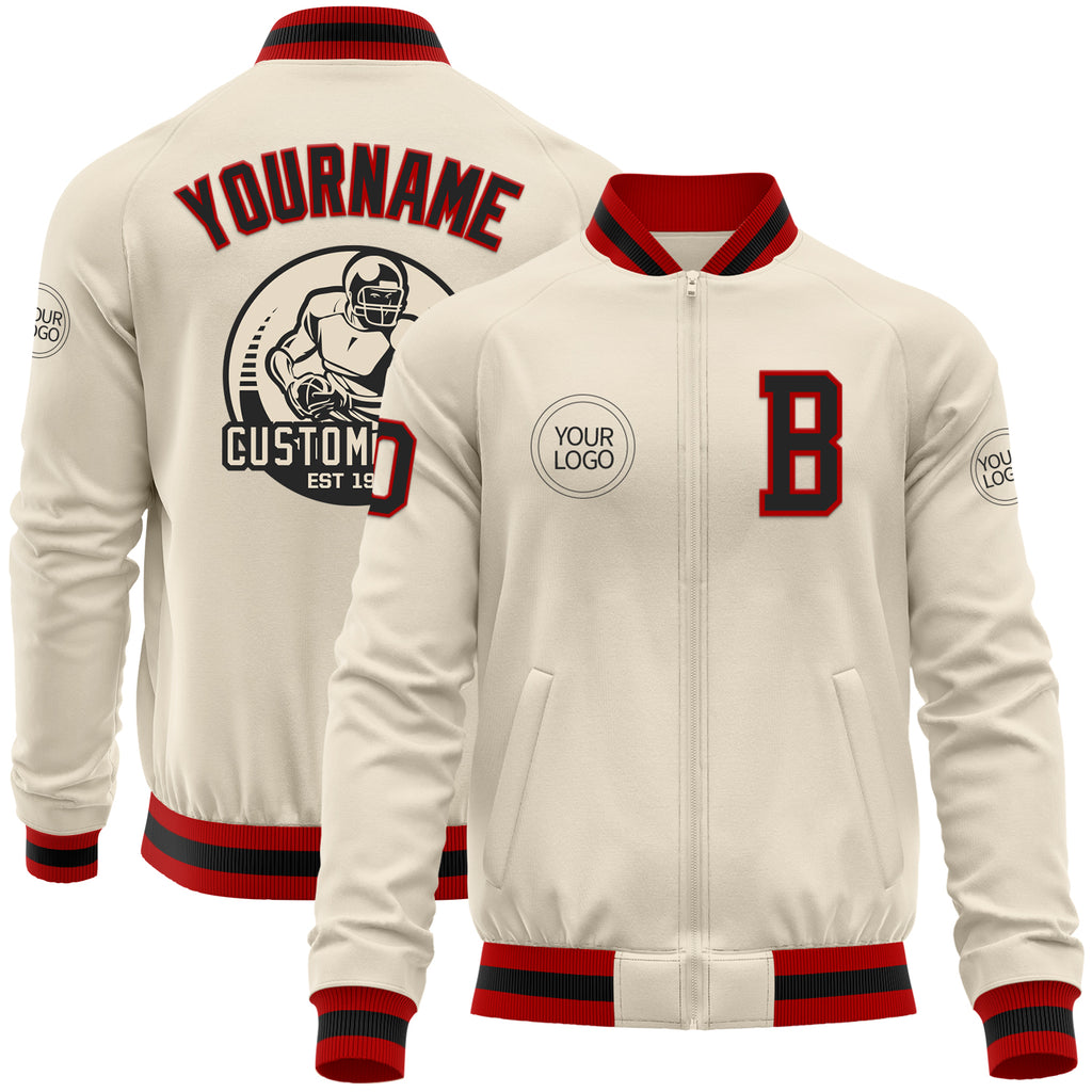 Custom Cream Black-Red Bomber Varsity Letterman Zipper Jacket