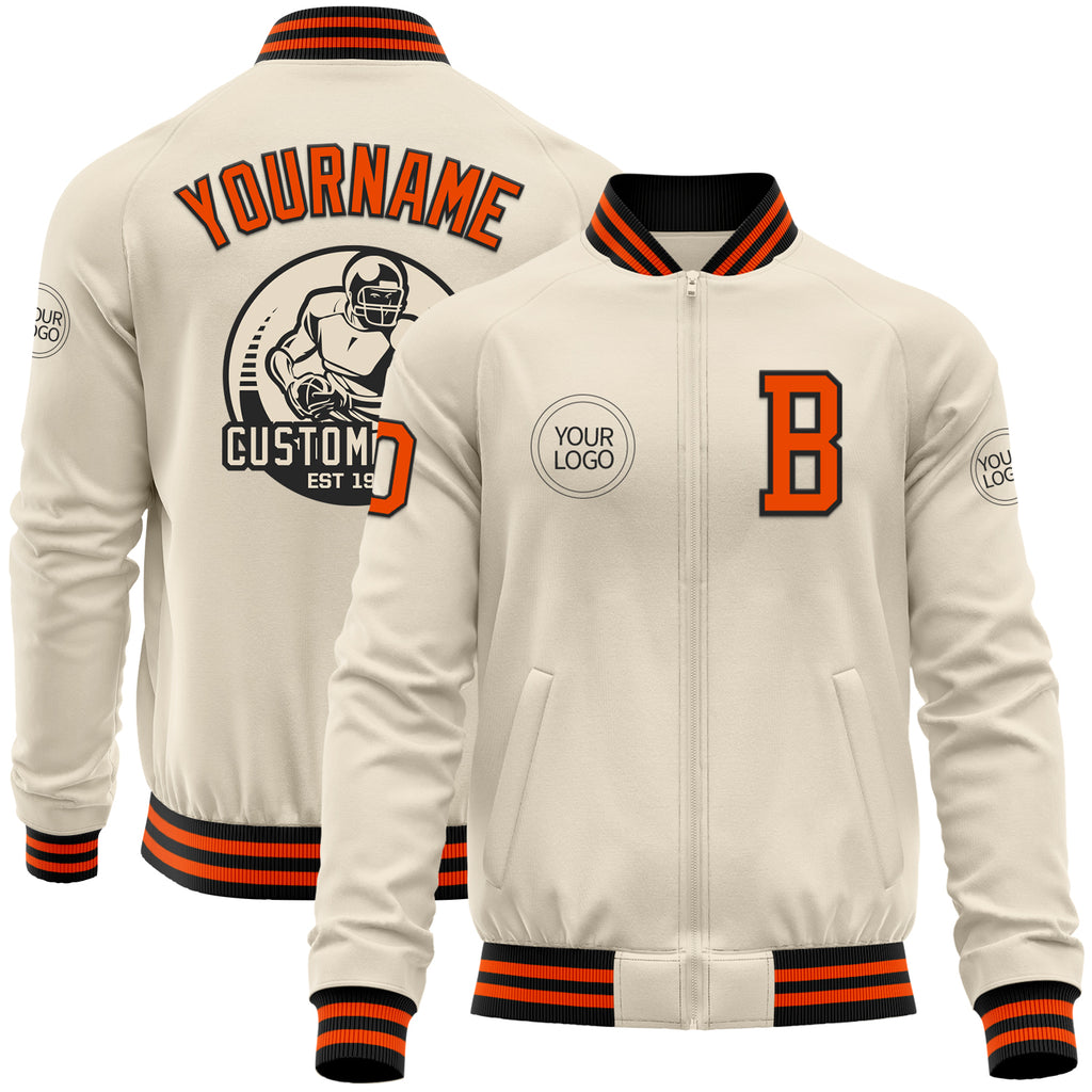 Custom Cream Orange-Black Bomber Varsity Letterman Zipper Jacket