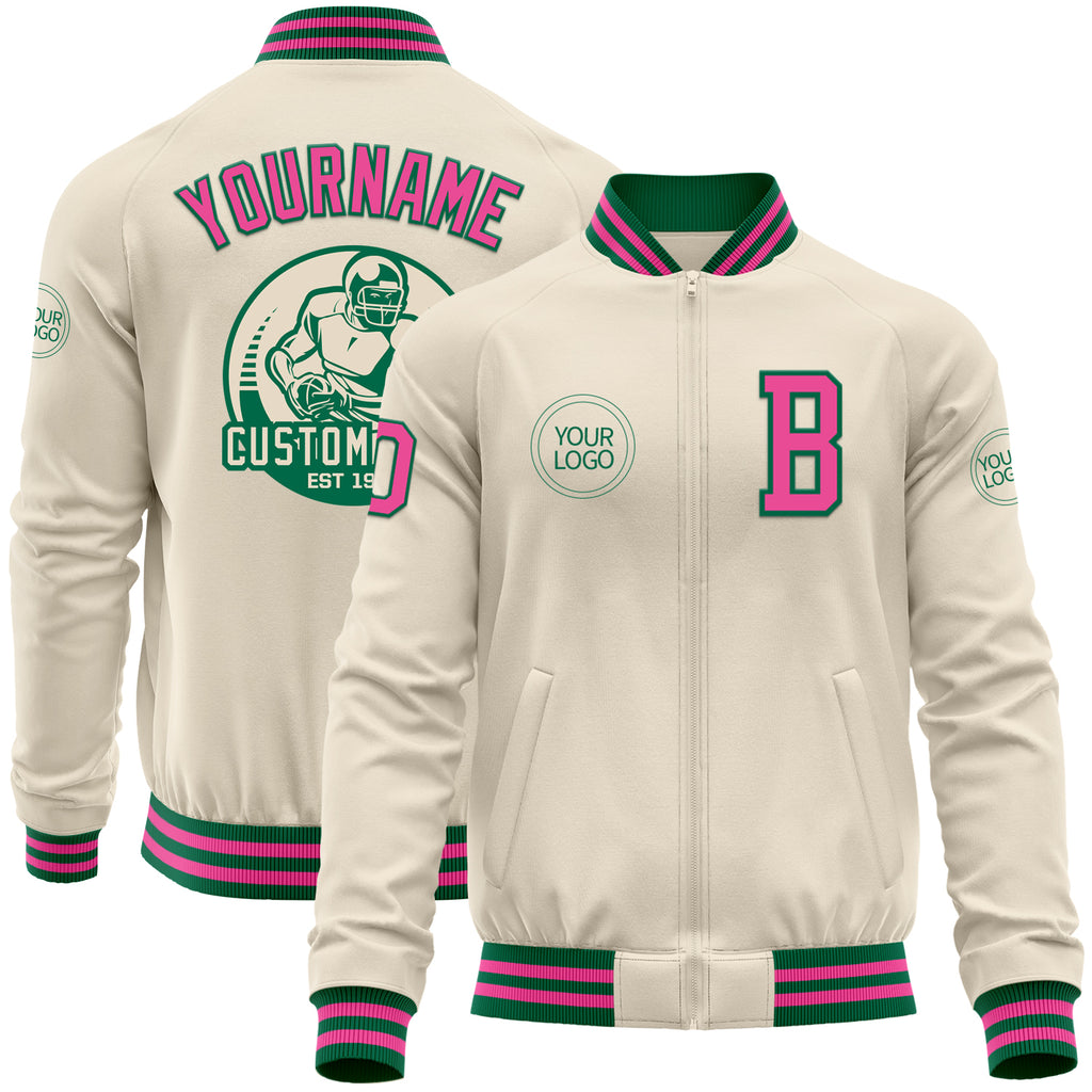 Custom Cream Pink-Kelly Green Bomber Varsity Letterman Zipper Jacket