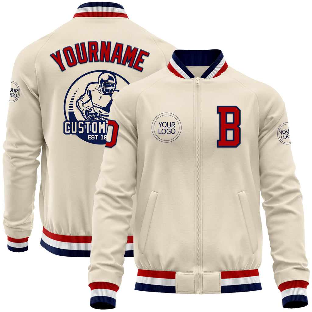 Custom Cream Red Navy-White Bomber Varsity Letterman Zipper Jacket