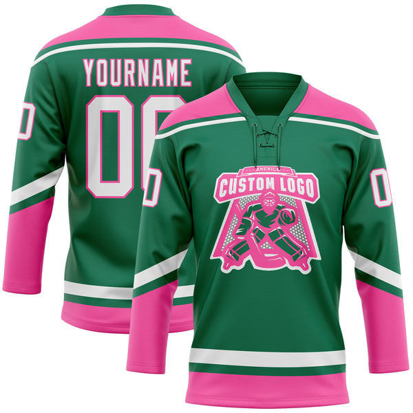 Custom Kelly Green White-Pink Hockey Lace Neck Jersey