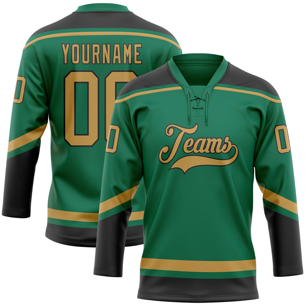 Custom Kelly Green Old Gold-Black Hockey Lace Neck Jersey