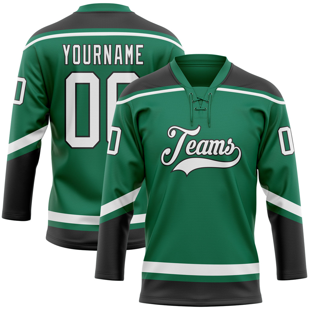 Custom Kelly Green White-Black Hockey Lace Neck Jersey