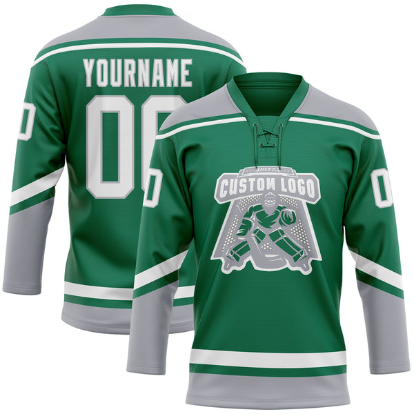 Custom Kelly Green White-Gray Hockey Lace Neck Jersey