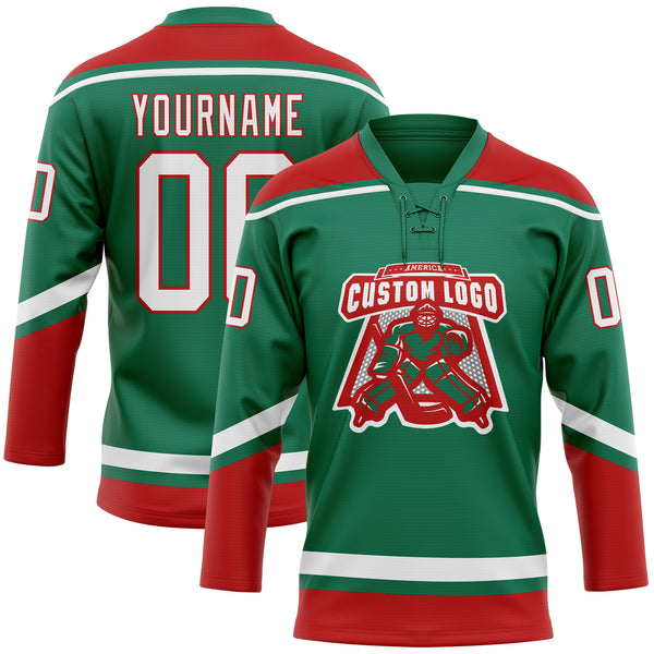 Custom Kelly Green White-Red Hockey Lace Neck Jersey