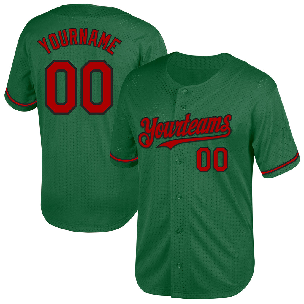 Custom Kelly Green Red-Black Mesh Authentic Throwback Baseball Jersey