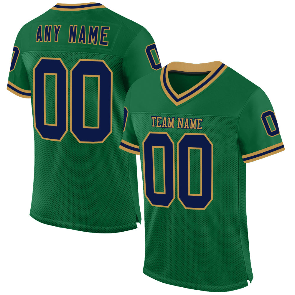 Custom Kelly Green Navy-Old Gold Mesh Authentic Throwback Football Jersey