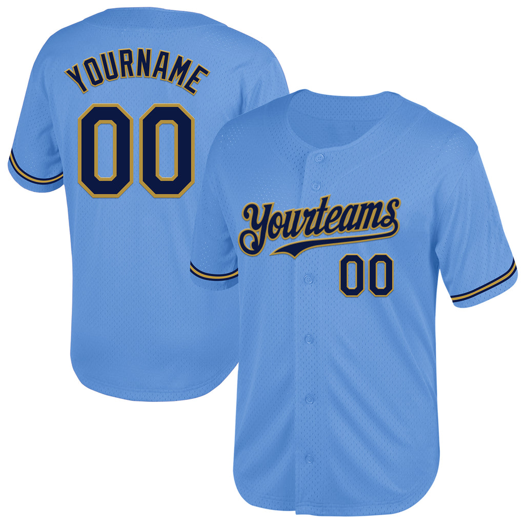 Custom Light Blue Navy-Old Gold Mesh Authentic Throwback Baseball Jersey