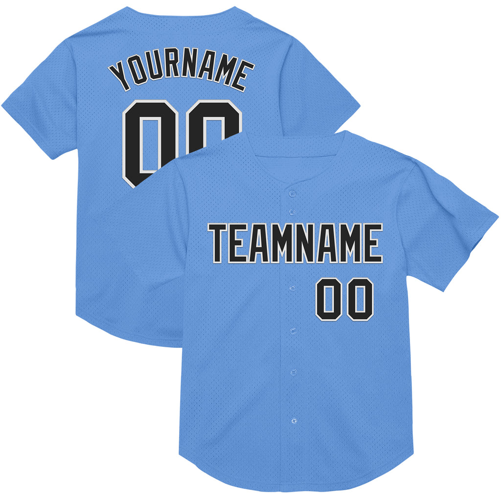 Custom Light Blue Black-White Mesh Authentic Throwback Baseball Jersey