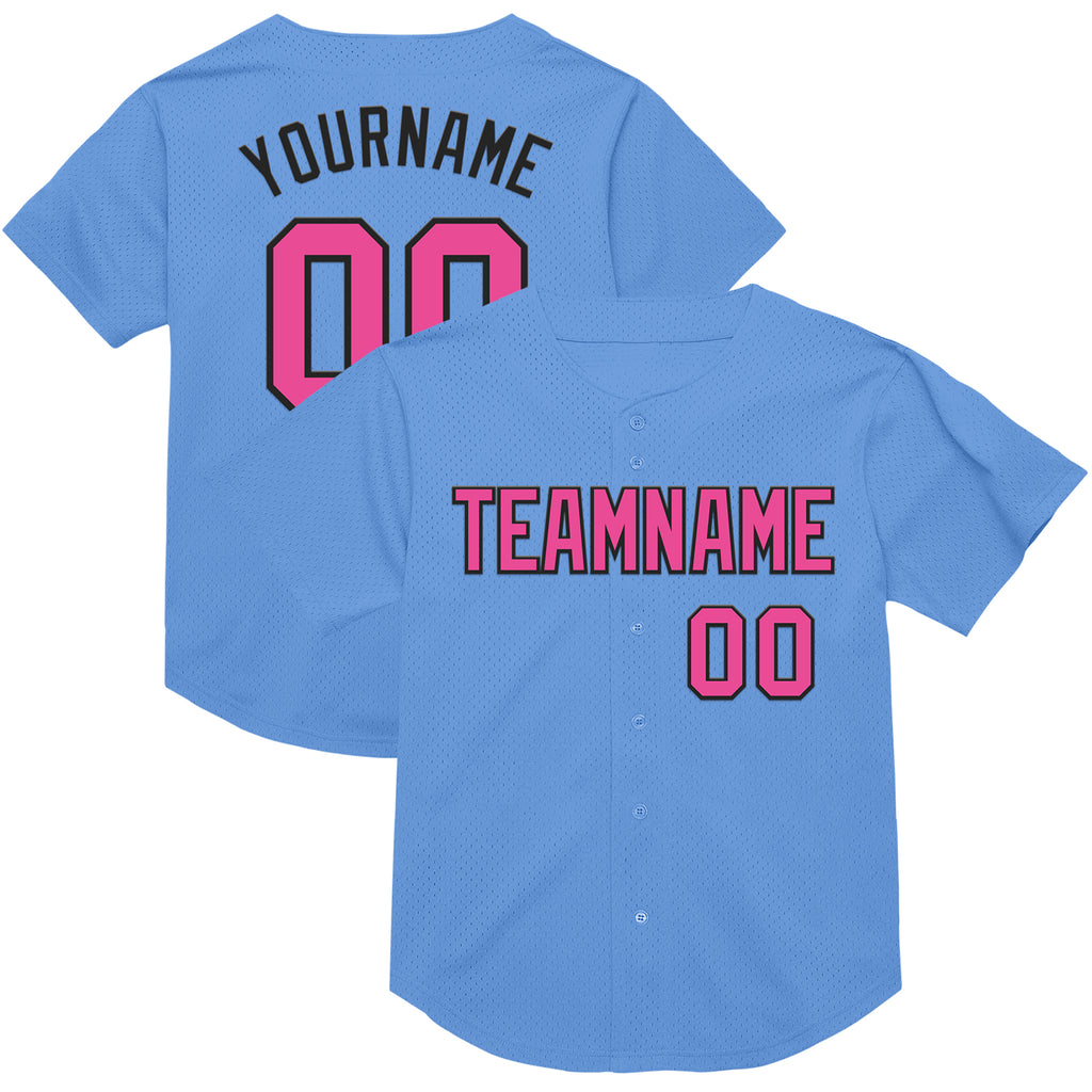 Custom Light Blue Pink-Black Mesh Authentic Throwback Baseball Jersey