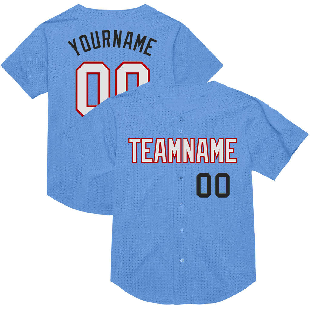 Custom Light Blue Red-Black Mesh Authentic Throwback Baseball Jersey