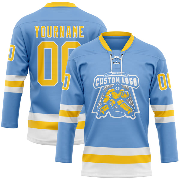 Custom Light Blue Yellow-White Hockey Lace Neck Jersey