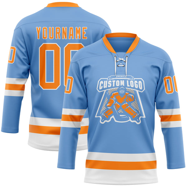 Custom Light Blue Bay Orange-White Hockey Lace Neck Jersey