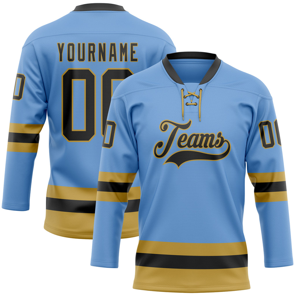 Custom Light Blue Black-Old Gold Hockey Lace Neck Jersey