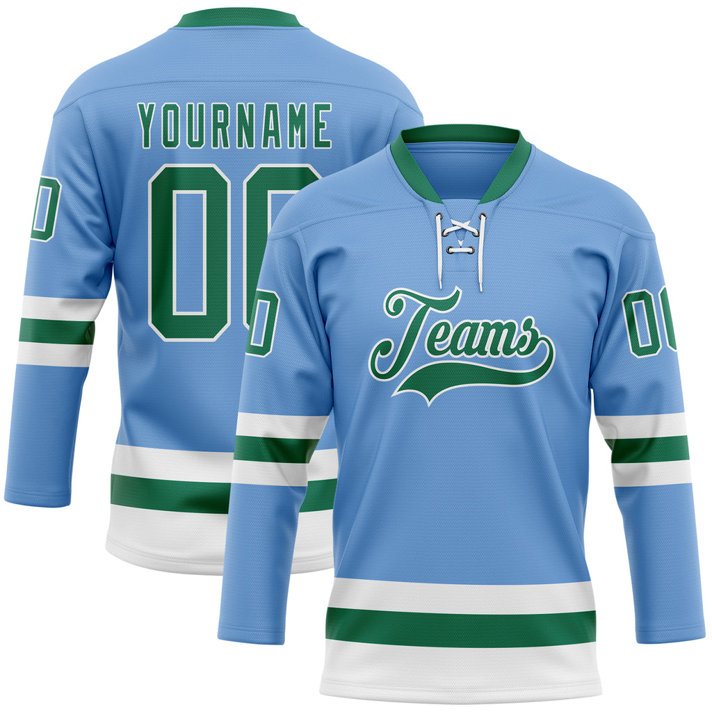 Custom Light Blue Kelly Green-White Hockey Lace Neck Jersey