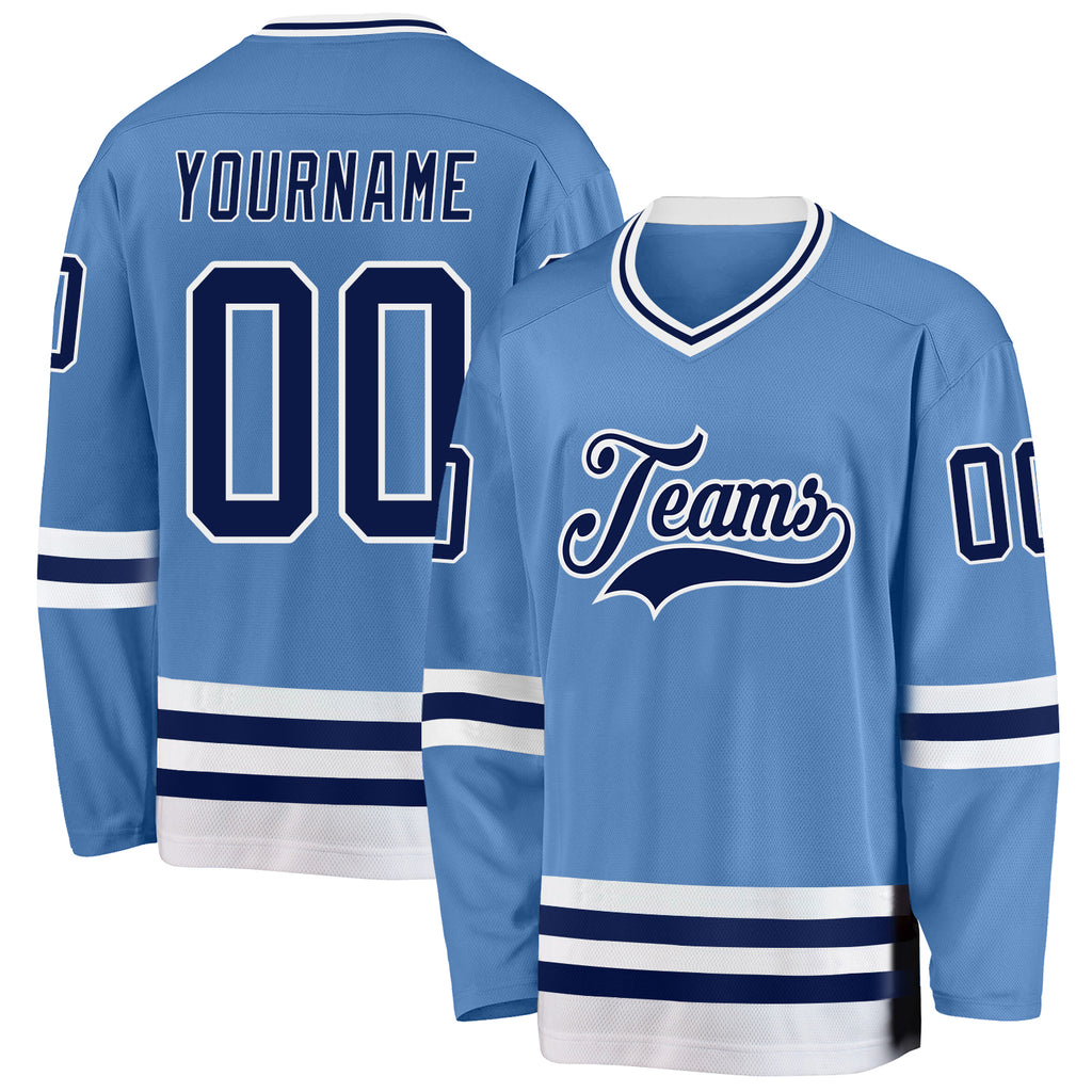 Custom Light Blue Navy-White Hockey Jersey